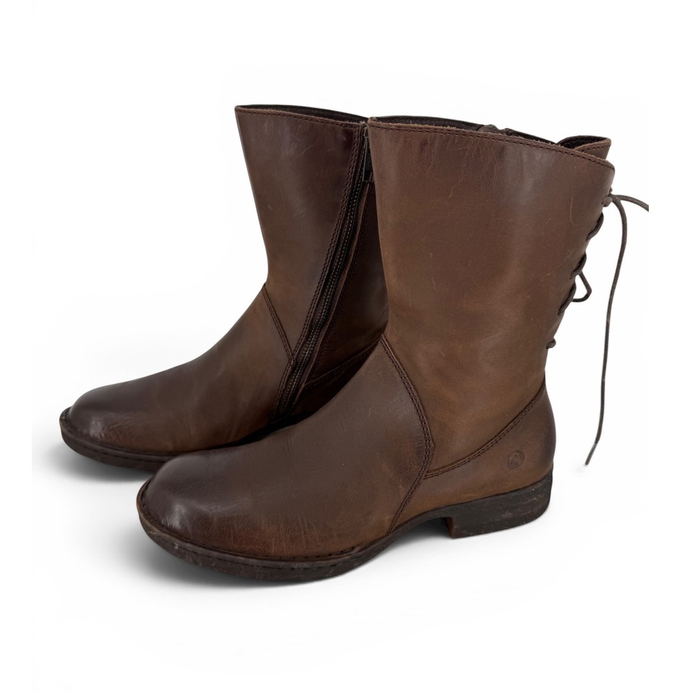 Born‎ Mid-Calf Zip Boots Womens 7M Distressed Brown Leather Lace Up Back Lined